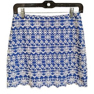 LOFT Petite Embroidered Eyelet Mini Skirt Trefoil Scalloped Hem Blue White 4P